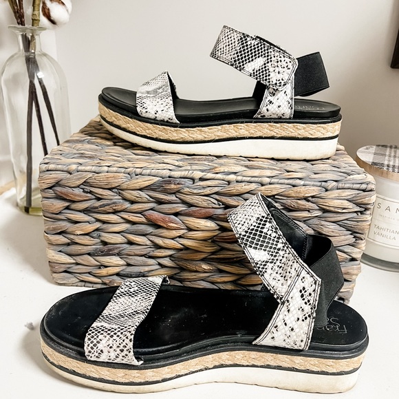 Franco Sarto Black Vegan Snake Print Adjustable Strap Platform Jute Sandal 10M - Picture 3 of 8